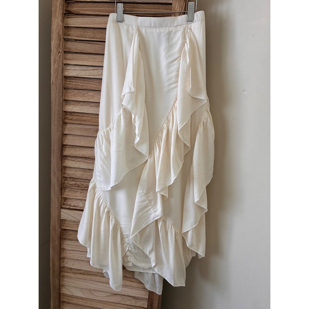Sincerely Jules Cream Ruffle Midi Skirt Fairycore Asymmetric Tiered Boho Chic  M